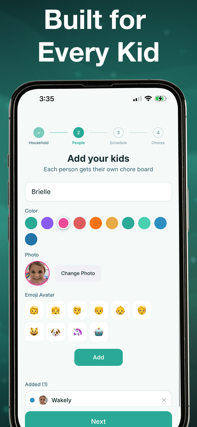 Chores Hero iPhone app — customize children's profiles with colors, photos, and emoji avatars