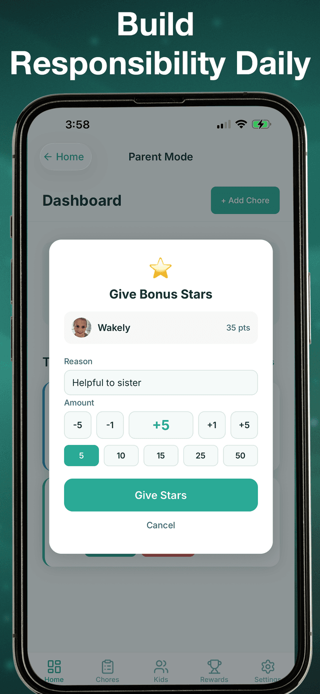 Chores Hero iPhone app — reinforce good behavior by giving kids bonus stars and points