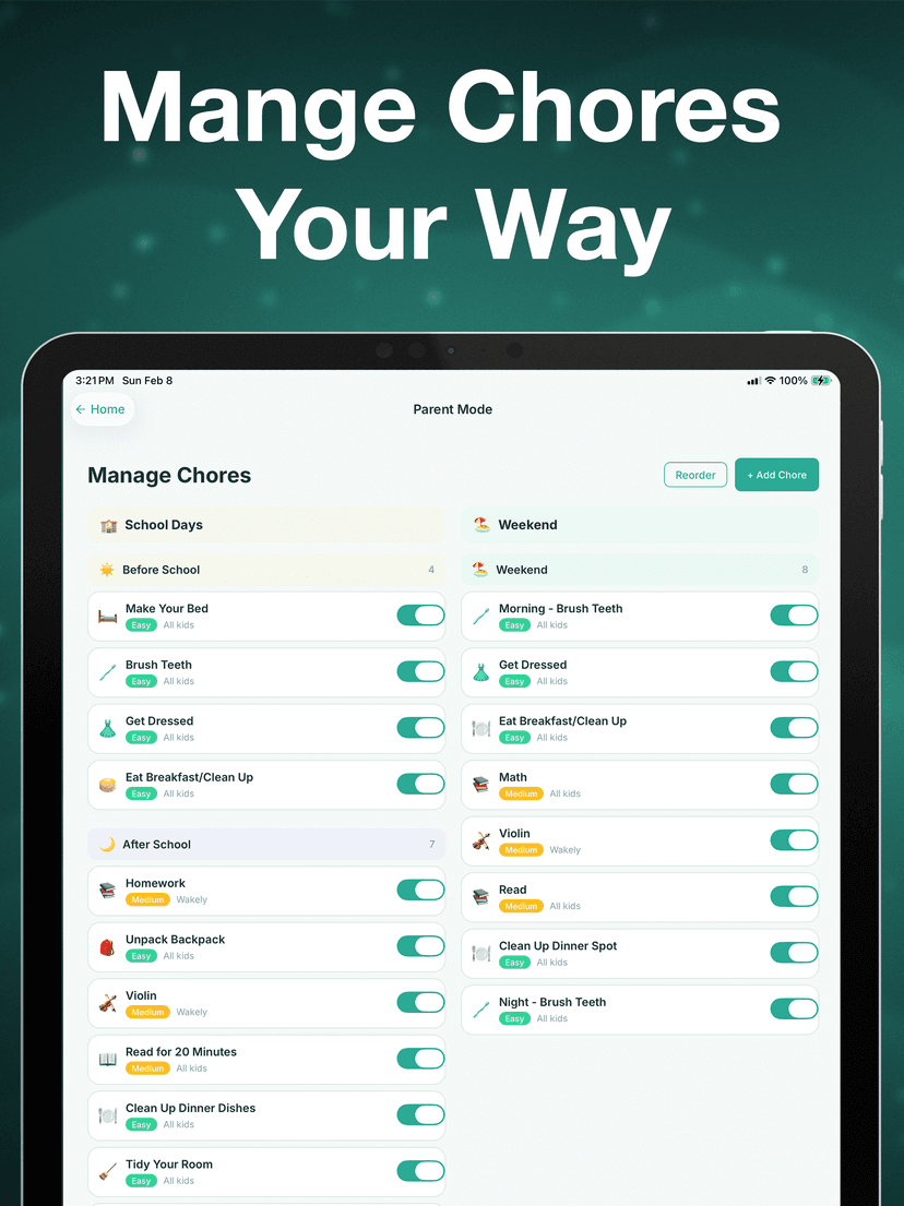 Chores Hero iPad app — manage chores with school day and weekend schedule views
