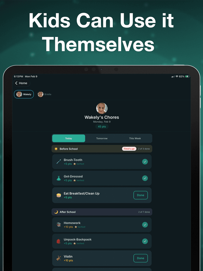 Chores Hero iPad app — chore navigation with daily task list and completion status