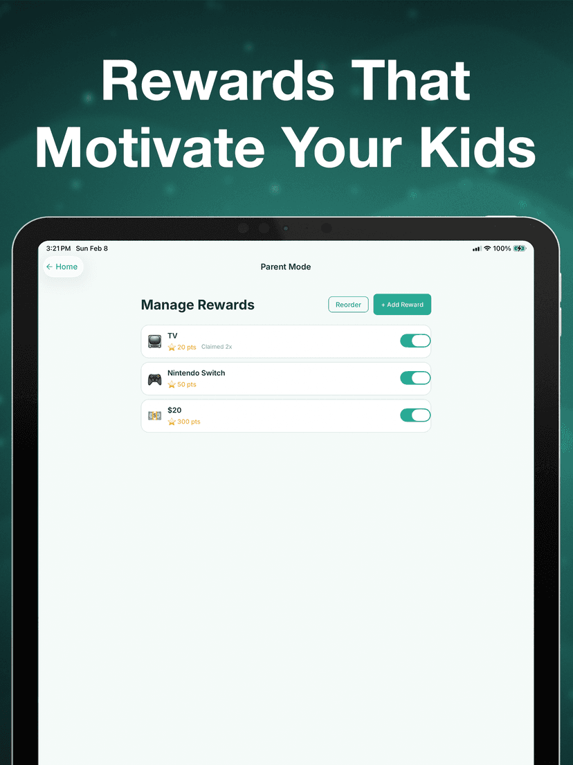 Chores Hero iPad app — create and manage custom rewards in parent mode