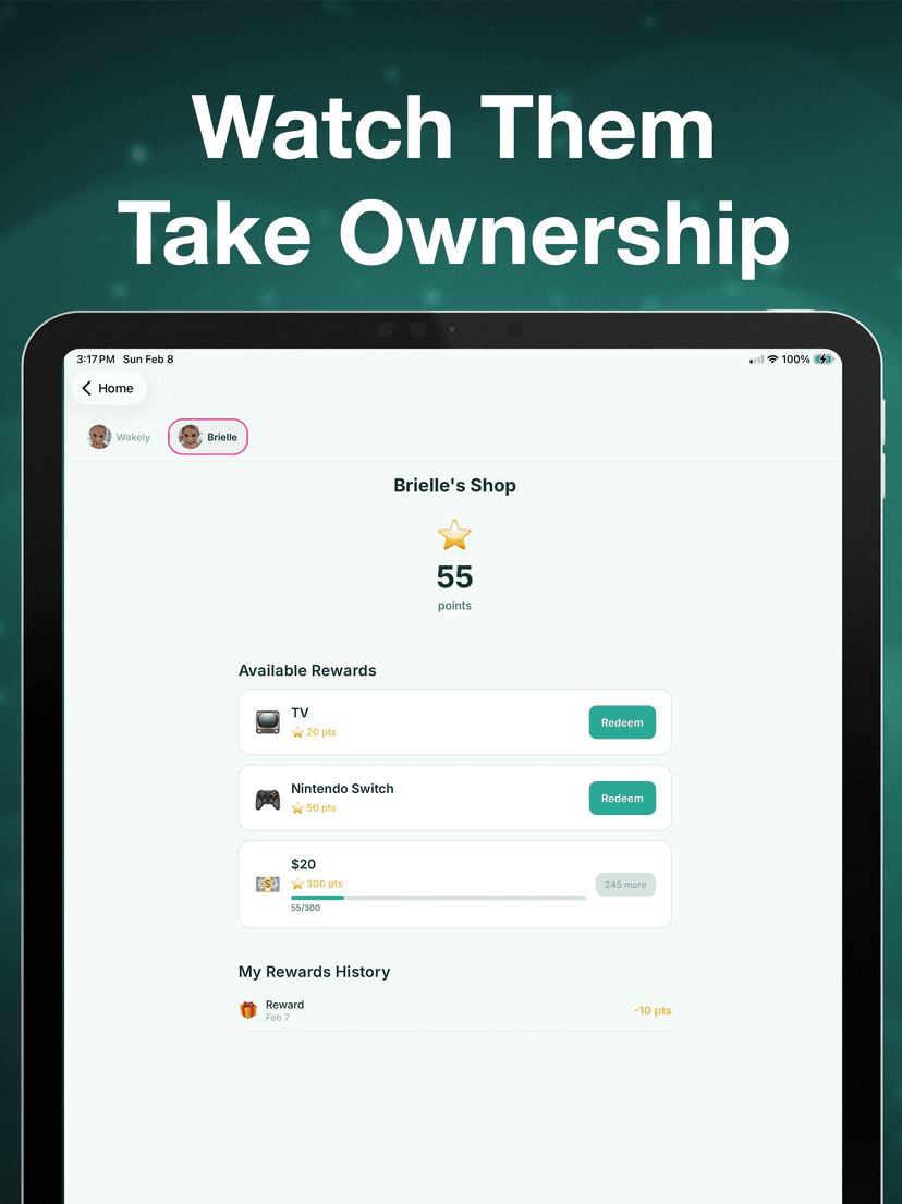 Chores Hero iPad app — kids rewards shop with points balance and redemption history